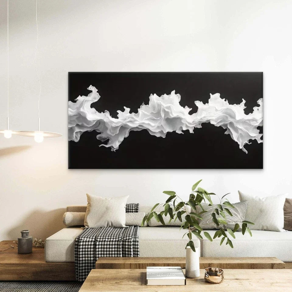 Black & White Abstract Waves Wall Art Canvas Office Home Room Framed 80x45cm