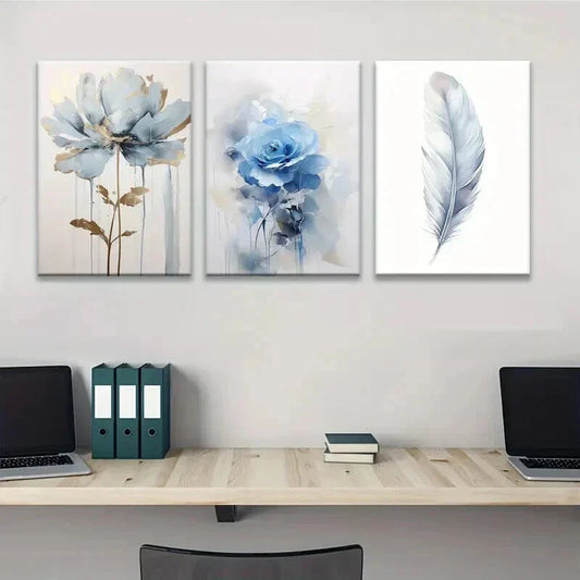 3pcs Elegant Floral & Feather Designs Wall Art Set Canvas Framed 40x60cm - High Quality Print 100% Australian Made Wall Canvas Ready to Hang