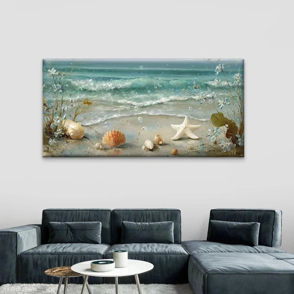 Ocean Waves, Starfish Wall Art Canvas Office Home Room Framed 80x45cm