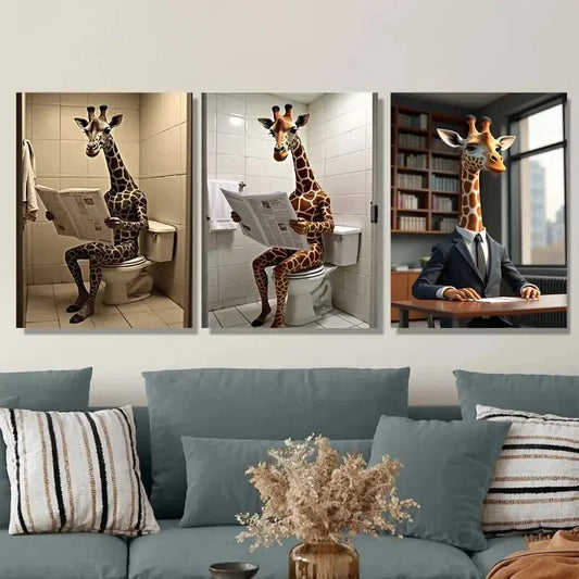 3pcs Giraffe Reading Newspapers Modern & Classic Wall Art Set Canvas Framed 40x60cm - High Quality Print 100% Australian Made Wall Canvas Ready to Hang