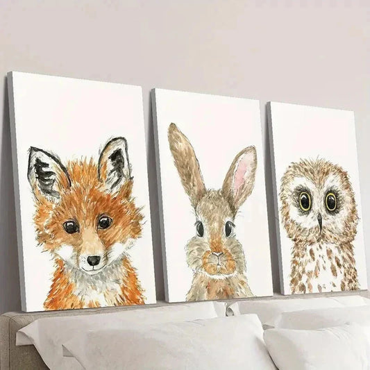 3pcs Cute Fox Rabbit & Owl on White Background Wall Art Set Canvas Framed 40x60cm - High Quality Print 100% Australian Made Wall Canvas Ready to Hang