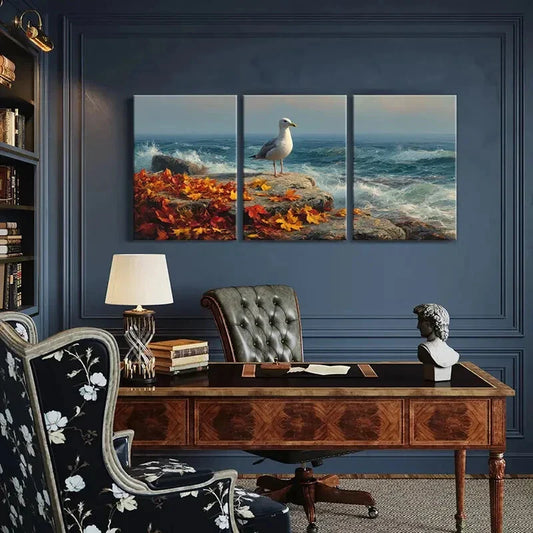3pcs Autumn Seagull Coastal Landscape Ocean Waves Metal Print Ready to Hang Art