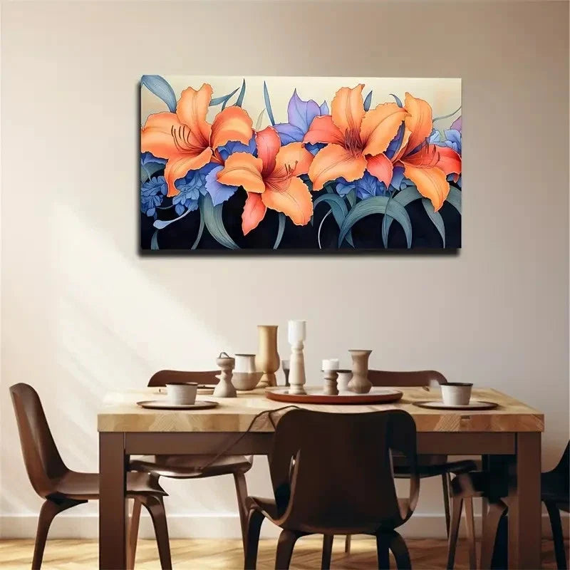 Vibrant Orange & Blue Botanical Wall Art Canvas Office Home Room Framed 120x60cm