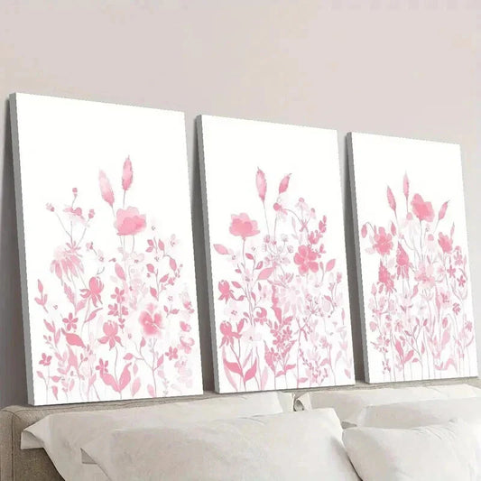 3pcs Elegant Watercolor Pink Wildflowers Wall Art Set Canvas Framed 40x60cm - High Quality Print 100% Australian Made Wall Canvas Ready to Hang