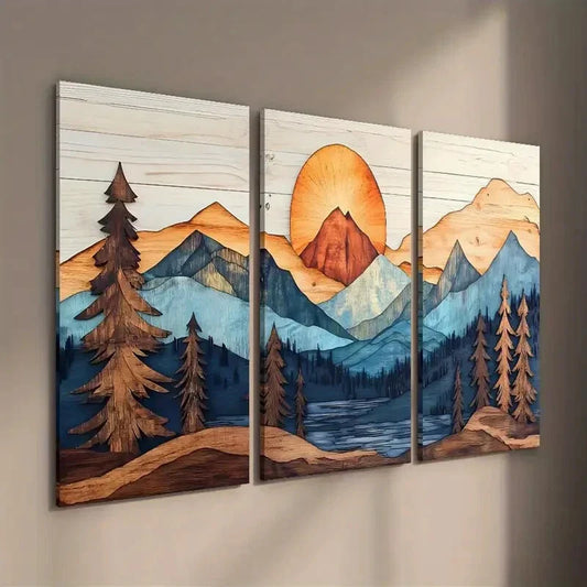3pcs Wood Style Mountains Landscape Wall Art Set Canvas Framed 40x60cm - High Quality Print 100% Australian Made Wall Canvas Ready to Hang