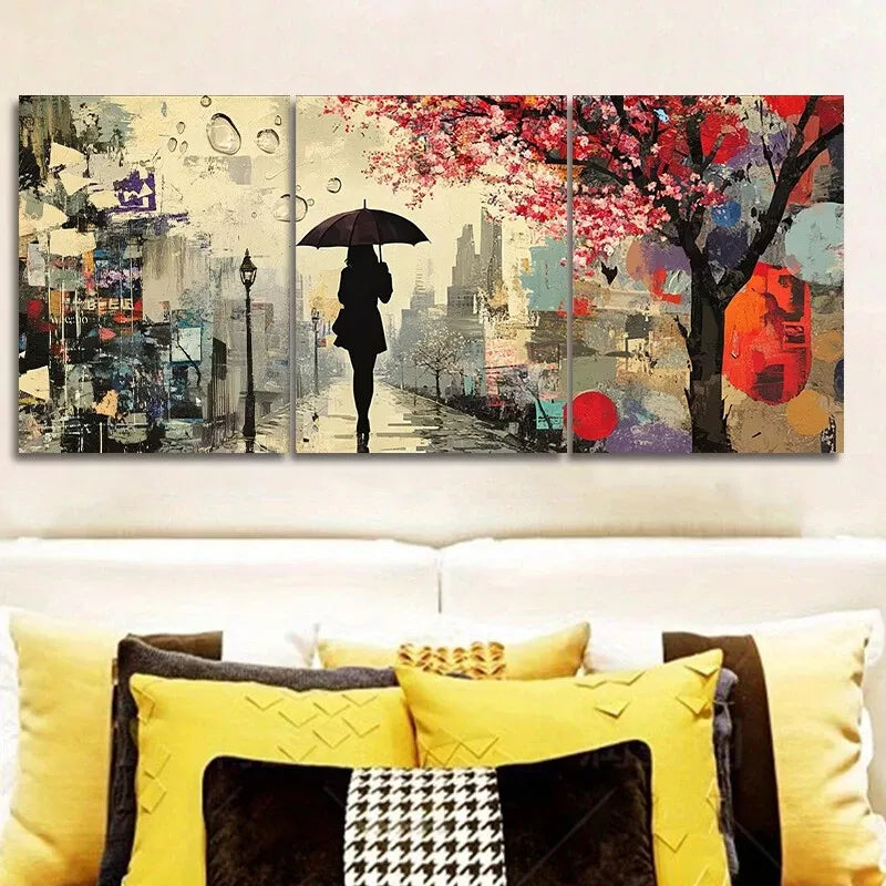 3pcs A Woman Walks With An Umbrella Wall Art Set Canvas Framed 40x60cm - High Quality Print 100% Australian Made Wall Canvas Ready to Hang