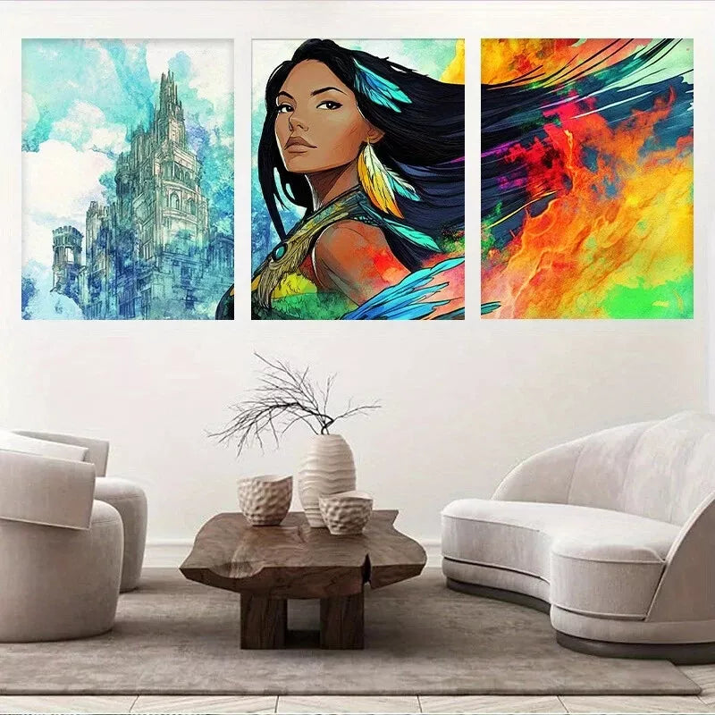3pcsColorful Native Woman with Feathers Wall Art Set Canvas Framed 40x60cm - High Quality Print 100% Australian Made Wall Canvas Ready to Hang