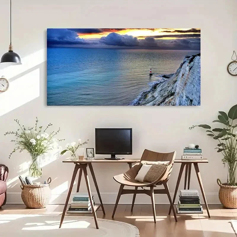 Seaside Lighthouse Sunset Lands Wall Art Canvas Office Home Room Framed 120x60cm