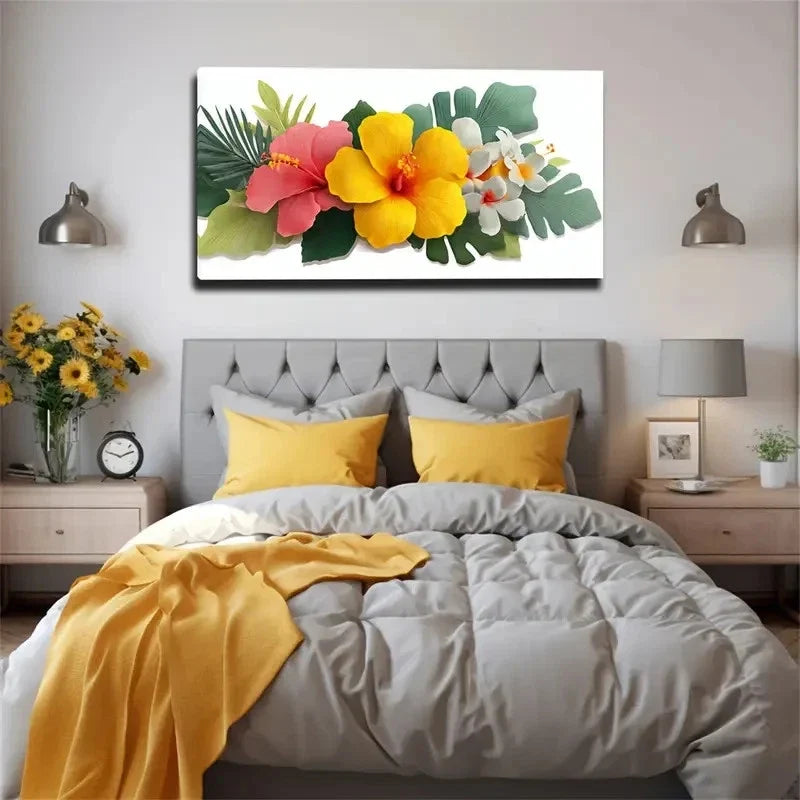 Vibrant Yellow & Red Flowers Wall Art Canvas Office Home Room Framed 80x45cm