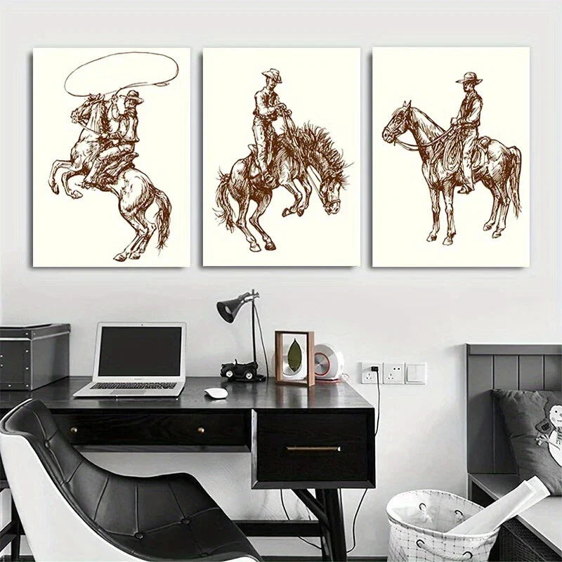 3pcs Faux Denim Texture Horse Riding Metal Print Ready to Hang Art