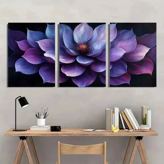 3pcs Vibrant Purple & Gray Swirling Flower Metal Print Ready to Hang Art