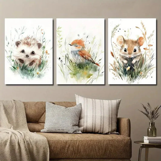 3pcs Cartoon Cute Hedgehog and Bird Mouse Metal Print Ready to Hang Art