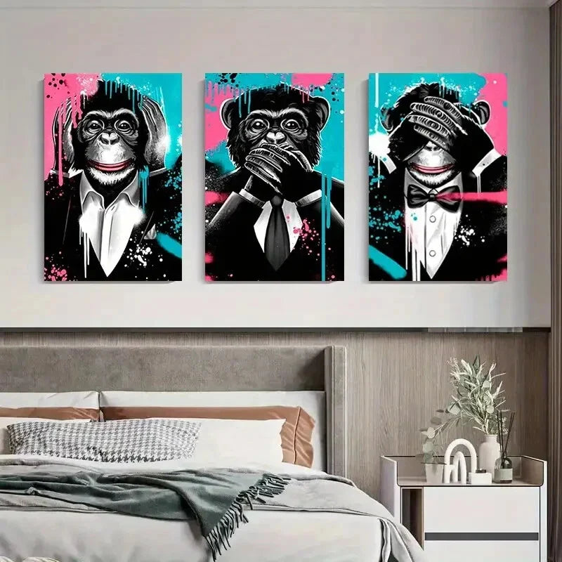 3pcs Tuxedo Chimps with Graffiti Splashes Metal Print Ready to Hang Art