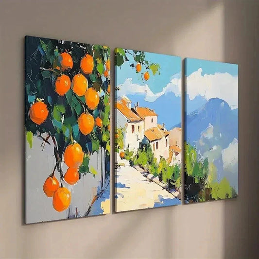 3pcs Mediterranean Rural Mural Orange Cottage Wall Art Set Canvas Framed 40x60cm - High Quality Print 100% Australian Made Wall Canvas Ready to Hang