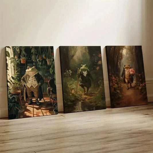 3pcs Hobbit Amphibian & Botanist Frog Wall Art Set Canvas Framed 40x60cm - High Quality Print 100% Australian Made Wall Canvas Ready to Hang