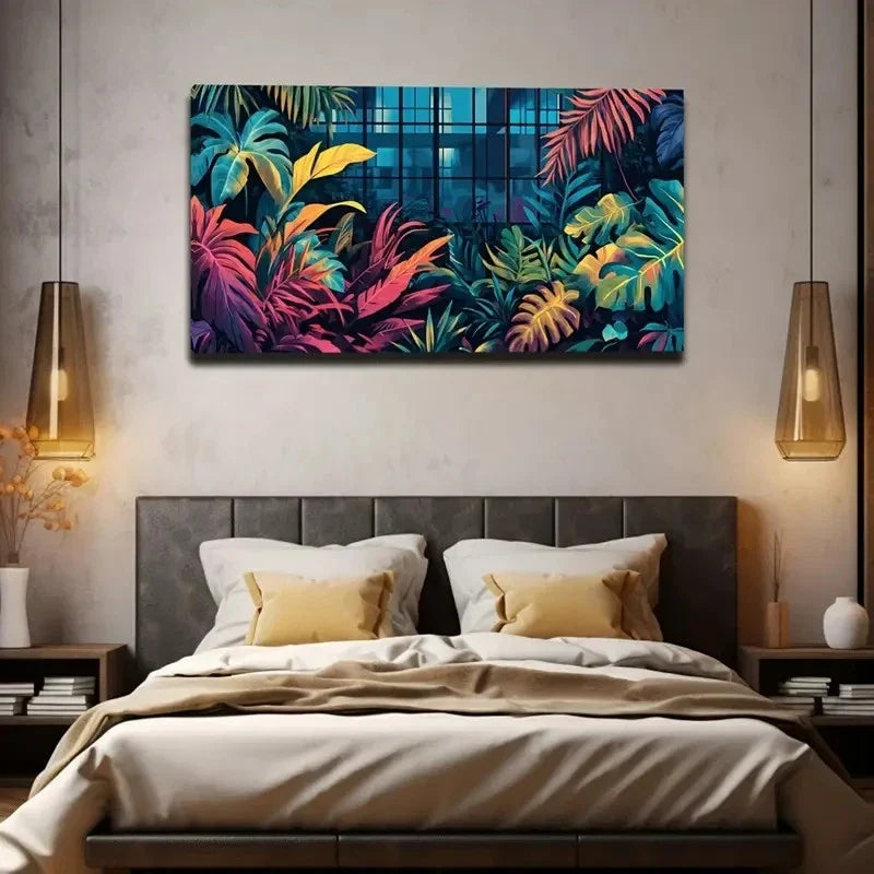 Vibrant Tropical Leaf Blue Wall Art Canvas Office Home Room Framed 120x60cm