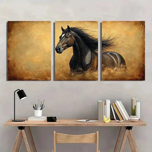 3pcs Vintage Majestic Brown Horse Painting Wall Art Set Canvas Framed 40x60cm - High Quality Print 100% Australian Made Wall Canvas Ready to Hang