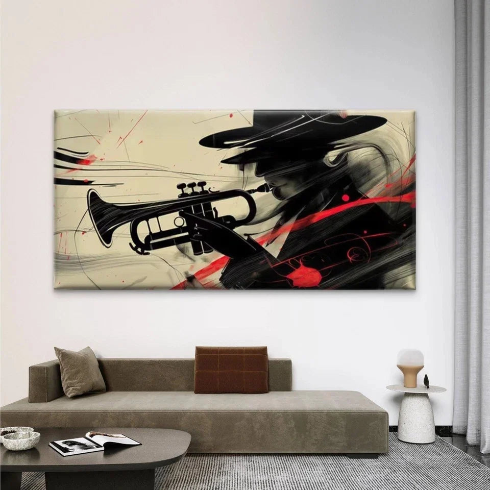 Jazz Musician Playing Trumpet Wall Art Canvas Office Home Room Framed 80x45cm
