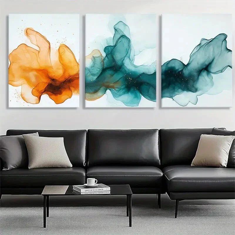 3pcs Orange Teal & White Brush Strokes Perfect Wall Art Set Canvas Framed 40x60cm - High Quality Print 100% Australian Made Wall Canvas Ready to Hang