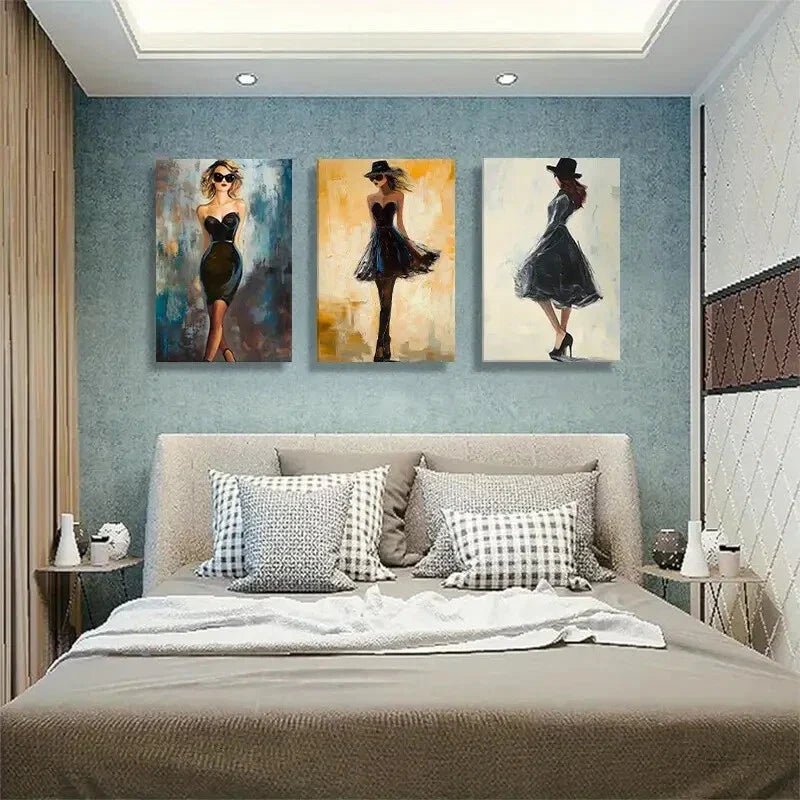 3pcs Women Black Dresses Glasses & Hats Perfect Wall Art Set Canvas Framed 40x60cm - High Quality Print 100% Australian Made Wall Canvas Ready to Hang