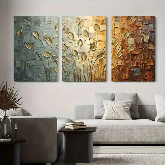 3pcs Elegant White Flowers on Soft Golden Metal Print Ready to Hang Art
