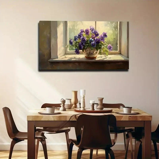 Window View With Purple Flowers Wall Art Canvas Office Home Room Framed 80x45cm