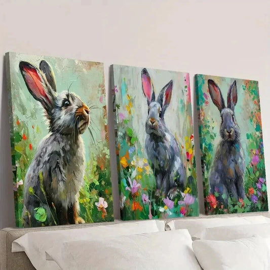 3pcs Silver Bunnies in Wildflowers Wall Art Set Canvas Framed 40x60cm - High Quality Print 100% Australian Made Wall Canvas Ready to Hang