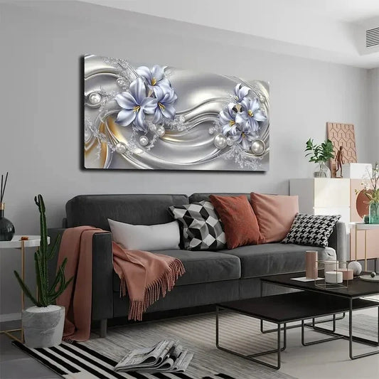 Light Blue Flowers Golden Wall Art Canvas Office Home Room Framed 120x60cm