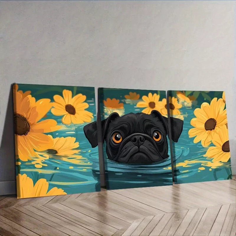 3pcs Cute Pug Swimming In Water Nature Wall Art Set Canvas Framed 40x60cm - High Quality Print 100% Australian Made Wall Canvas Ready to Hang