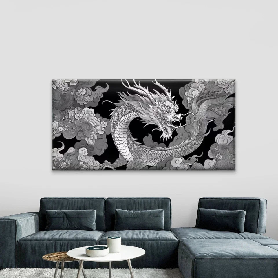 Black & White Dragon Wall Art Canvas Office Home Room Framed 80x45cm