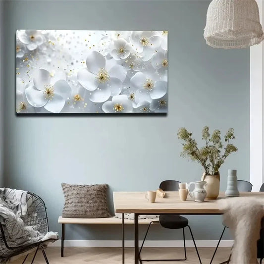 Stunning White Floral Wall Art Canvas Office Home Room Framed 80x45cm
