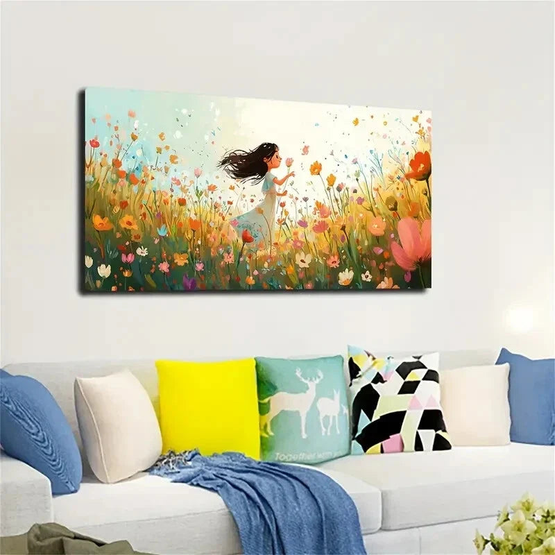 Vibrant Floral Scene of Girl Wall Art Canvas Office Home Room Framed 120x60cm