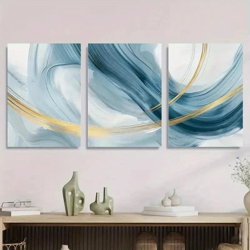 3pcs Abstract Blue and Golden Swirls Metal Print Ready to Hang Art