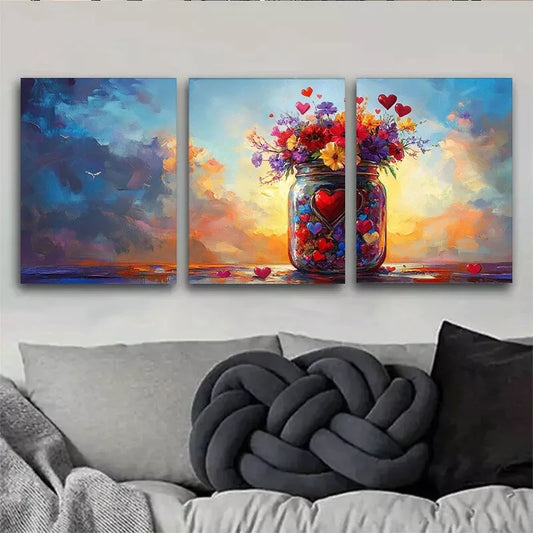 3pcs Vibrant Floral Jar Colorful Sunset Bouquet Wall Art Set Canvas Framed 40x60cm - High Quality Print 100% Australian Made Wall Canvas Ready to Hang