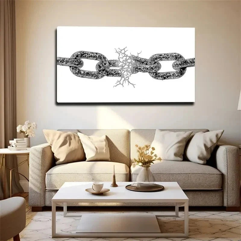 Black And White Abstract Chain Wall Art Canvas Office Home Room Framed 80x45cm