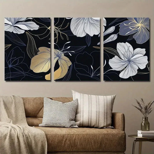 3pcs Vintage Botanical Flower Luxury Golden Blue Metal Print Ready to Hang Art
