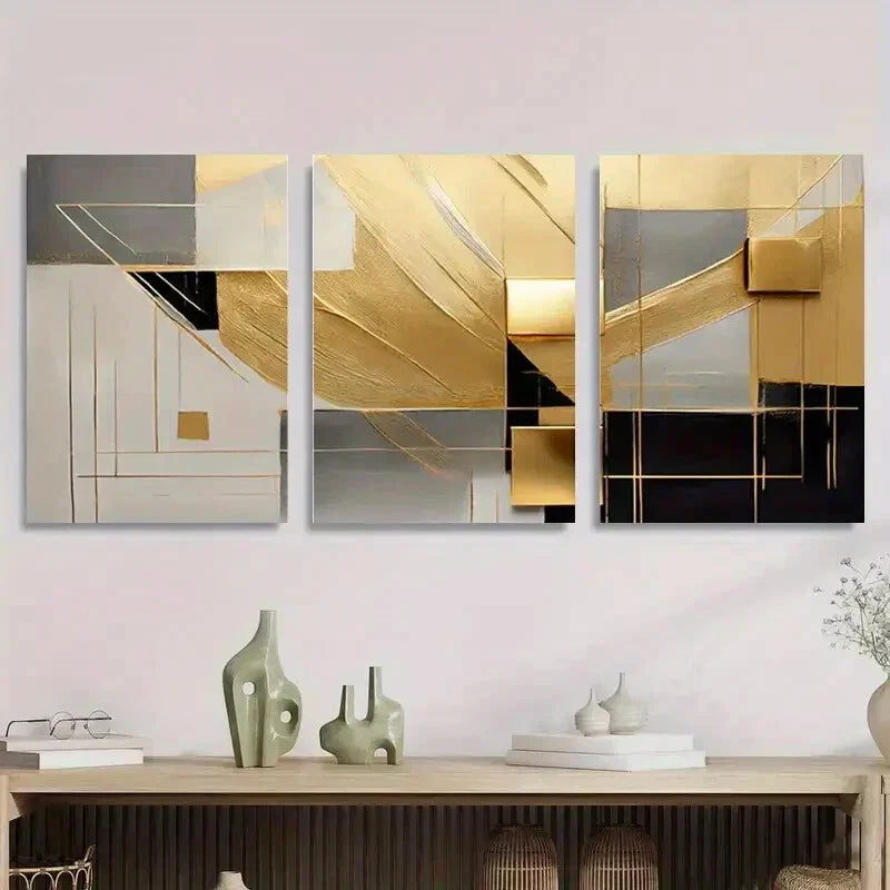 3pcs Golden and Black Geometric Abstract Metal Print Ready to Hang Art