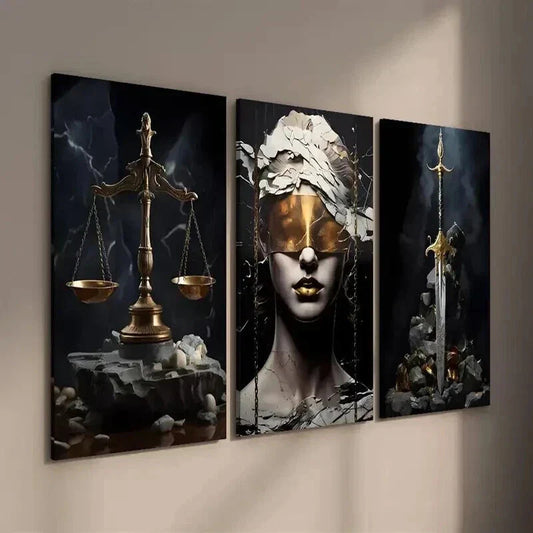 3pcs Scales of Justice & Golden Sword Wall Art Set Canvas Framed 40x60cm - High Quality Print 100% Australian Made Wall Canvas Ready to Hang