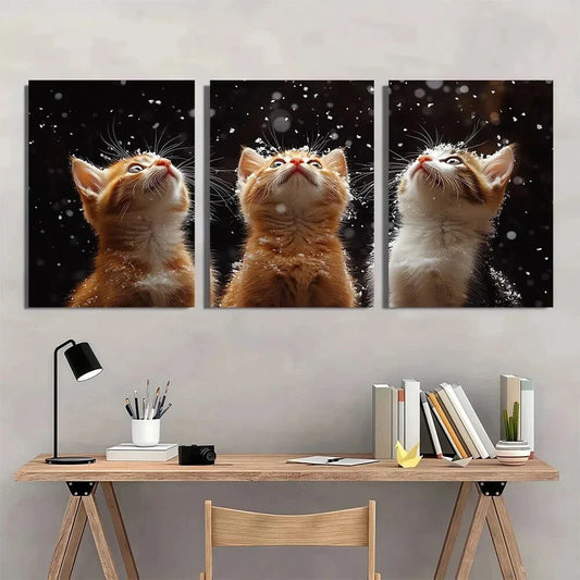 3pcs Adorable Orange Cute Kitten Snowy Metal Print Ready to Hang Art