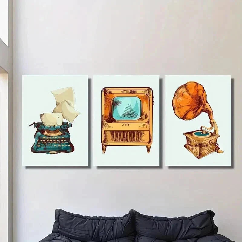 3pcs Old TV and Music Machine & Phonograph Wall Art Set Canvas Framed 40x60cm - High Quality Print 100% Australian Made Wall Canvas Ready to Hang