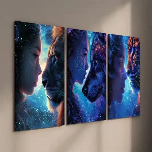3pcs Galaxy-Themed with Lions Wolves Cheetahs Wall Art Set Canvas Framed 40x60cm - High Quality Print 100% Australian Made Wall Canvas Ready to Hang