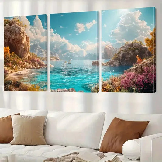 3pcsVibrant Cliffs Coastal Sunlit Turquoise Wall Art Set Canvas Framed 40x60cm - High Quality Print 100% Australian Made Wall Canvas Ready to Hang