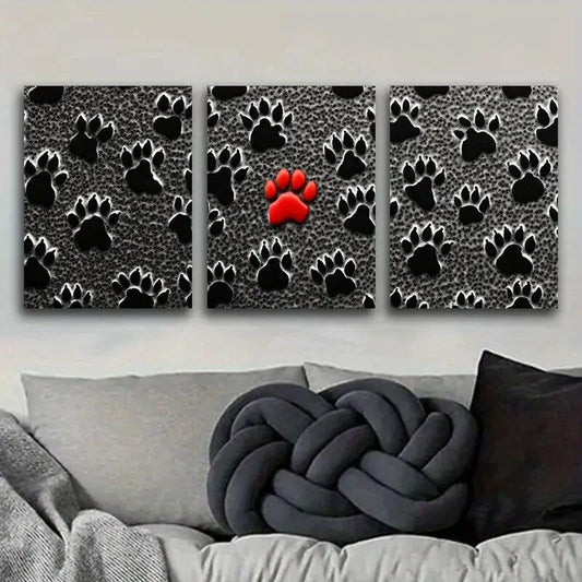 3pcs Set Black Dog Paw Prints Metal Print Ready to Hang Art