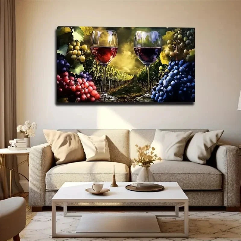 Grapevine & Wine Glasses Lands Wall Art Canvas Office Home Room Framed 120x60cm