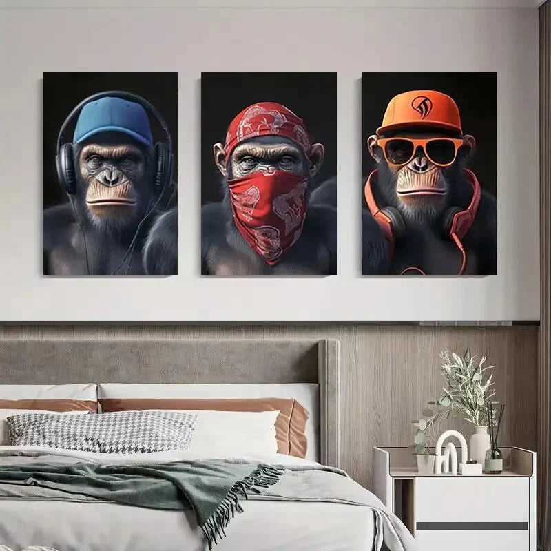 3pcs Stylish Monkeys with Headphones Metal Print Ready to Hang Art