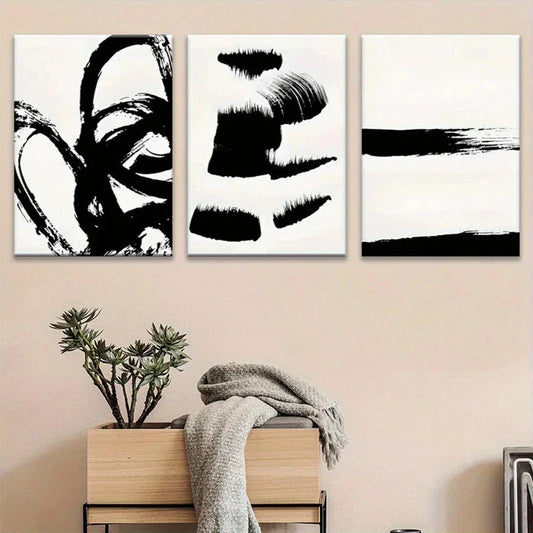 3pcs Abstract Black Brush Strokes Metal Print Ready to Hang Art