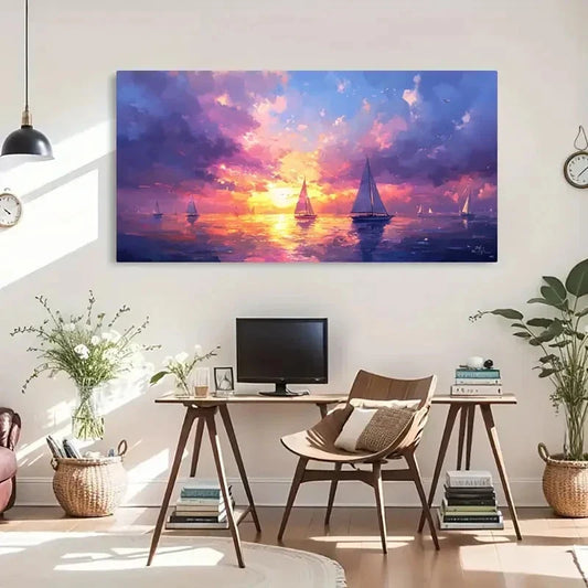 Vibrant Sunset Sailboat Ocean Wall Art Canvas Office Home Room Framed 120x60cm