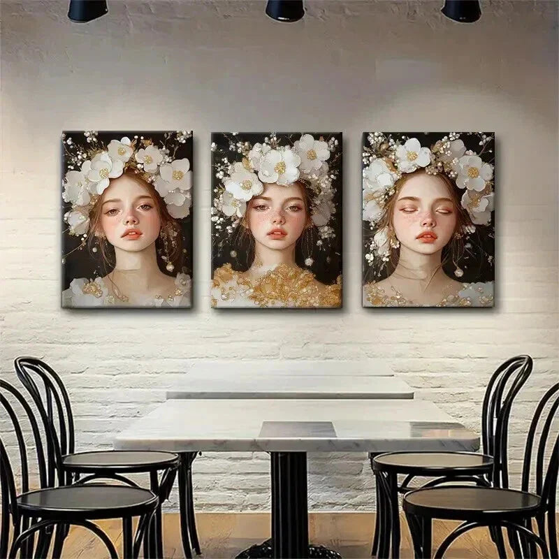 3pcs Woman in Floral Headpiece Dreamy Perfect Wall Art Set Canvas Framed 40x60cm - High Quality Print 100% Australian Made Wall Canvas Ready to Hang