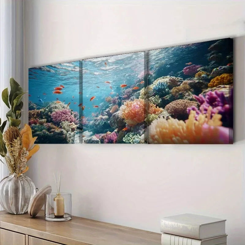 3pcsVibrant Coral Reef & Fish Design Nature Wall Art Set Canvas Framed 40x60cm - High Quality Print 100% Australian Made Wall Canvas Ready to Hang