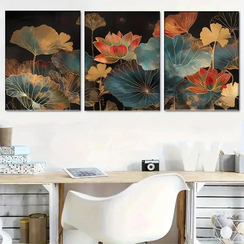 3pcs Black Background & Golden Lotus Flowers Wall Art Set Canvas Framed 40x60cm - High Quality Print 100% Australian Made Wall Canvas Ready to Hang